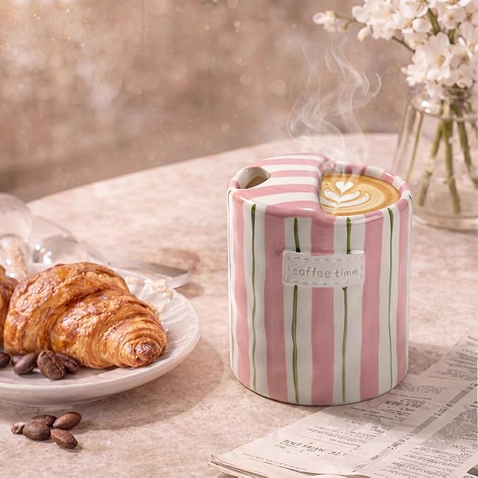 1 Pack Ceramic Coffee Mug with Sip Hole Espresso Cup 10oz with Straws Retro Hand Painted Striped Ceramic Iced Coffee Tea Travel Mug Latte Cup for Kitchen Dining (Simple,Pink and Green) - Image 5