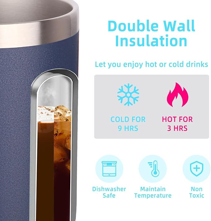 Volhoply 14oz Insulated Stainless Steel Coffee Mug with Lid Bulk 8 Pack,Double Wall Vacuum Travel Coffee Cup with Handle,Reusable Metal Cups Tumbler,Camping Mugs Keep Hot,Ideal Gifts(Navy,8) - Image 3
