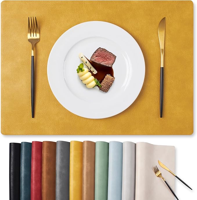 MOSAYT Vinyl Placemats Set of 8-12 X 17 Inch - Faux Leather 100% Waterproof Oil-Proof Wipeable PU Place Mats, Heat Resistant Reversible Table Mats for Kitchen, Dining, Outdoor, Yellow by MOSAYT