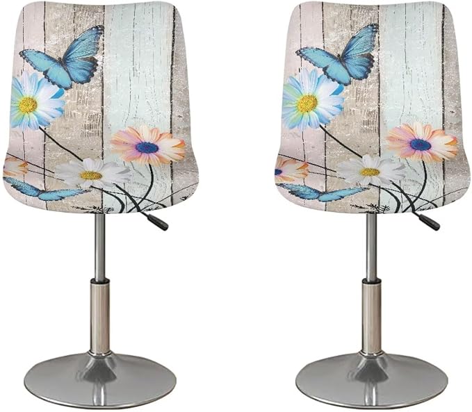 Wood Grain Daisy Butterfly Bar Stool Covers Elastic Stretchable High Mid Low Stool Chair Cover for Party Kitchen Club Machine Washable by Sellikakes