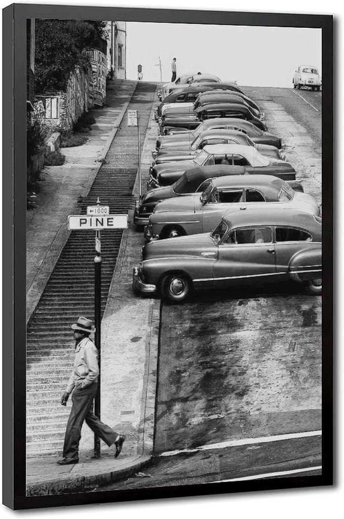 Pine Street, Streets of San Francisco 1950s, Black And White , Vintage Poster Canvas Poster Wall Art Decor Print Picture Paintings for Living Room Bedroom Decoration Black Frame 16x24in(40x60cm) by Unknown
