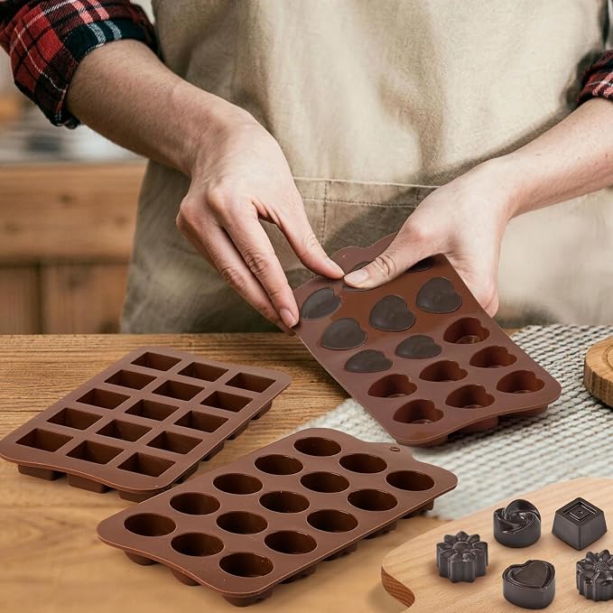 Puyeipt Mini Silicone Chocolate Molds, 2 Pack, 60 Cavities | Non-Stick Candy Molds, Bite Size Chocolates, Candies, Truffles, Gummies, Jelly, Heart, Sunflower, Rose, Square, Swirl Shaped - Image 6