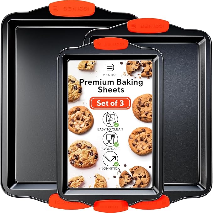 Premium Non-Stick Baking Sheets Set of 3 - Deluxe BPA Free, Easy to Clean Racks w/Silicone Handles - Bakeware Pans for Cooking Baking Roasting - Lets You Bake The Perfect Cookie or Pastry Every Time by BENICCI