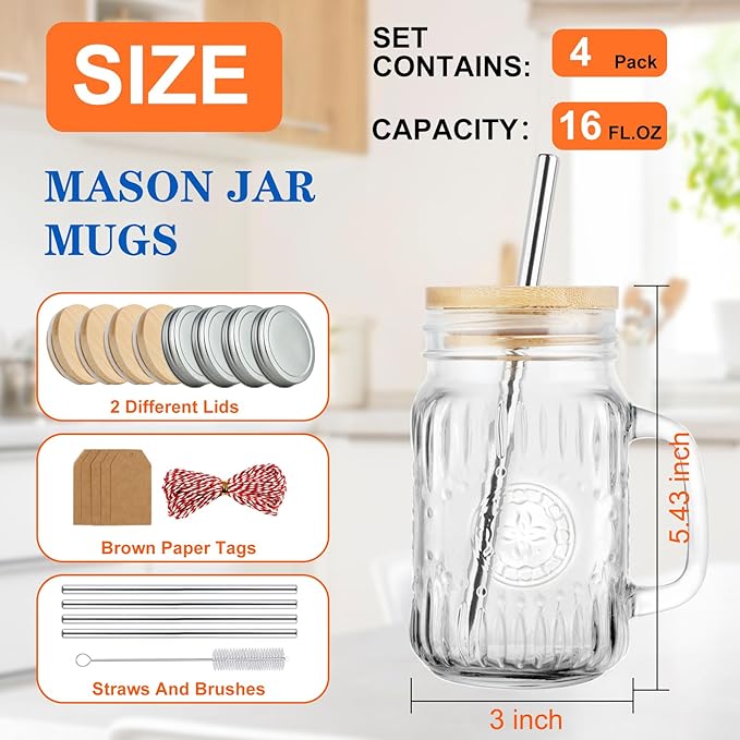 Magicsky Mason Jar Cups with Handles, Vintage 16 oz Glass Iced Coffee Cup with Bamboo Lids and Straws, Pint Drinking Jars Mug for Smoothie, Cold Drinks, Juice, Party Beverages, Set of 4