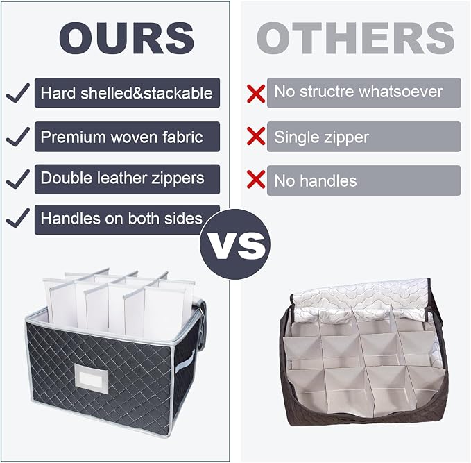 Wine Glass Storage Box with Dividers Holds 24 Stemware Storage Cases or China Crystal Glassware Containers with Handles and Lable Window (15.5" x 12.5"x10")-Set of 2 Grey - Image 3