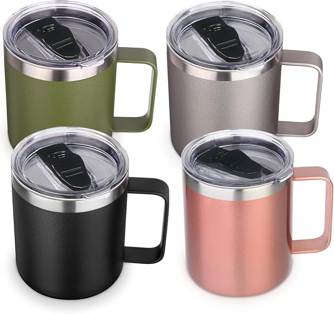 Volhoply 14oz Insulated Stainless Steel Coffee Mug with Lid Bulk 4 Pack,Double Wall Vacuum Travel Coffee Cup with Handle,Reusable Metal Cups Tumbler Cup,Camping Mugs,Ideal Gifts(Mix,4) by LiveFully%EF%BC%8CDrinkFreely%E2%80%94KeepGoingwithVolhoply%EF%BC%81