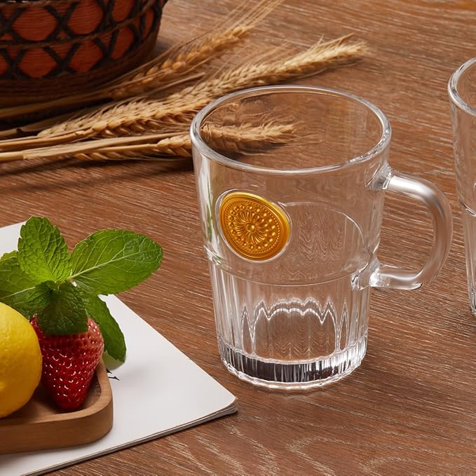 Vintage Glass Coffee Mugs Set of 2, 15oz Embossed Glass Coffee Cups with Bamboo Lids and Spoons, Handmade Clear Tea Cups with Handle and Gift Box - for Cappuccino, Latte, Milk