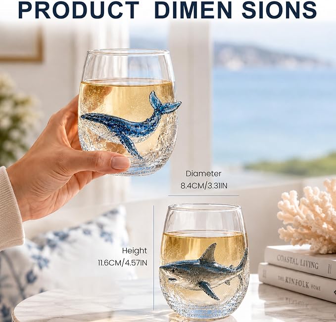 Coastal Stemless Wine Glasses Set of 4, 12oz 3D Ocean Animal Artisan Glassware Collection with Unique Sea Life Designs (K - Set of 2) - Image 3