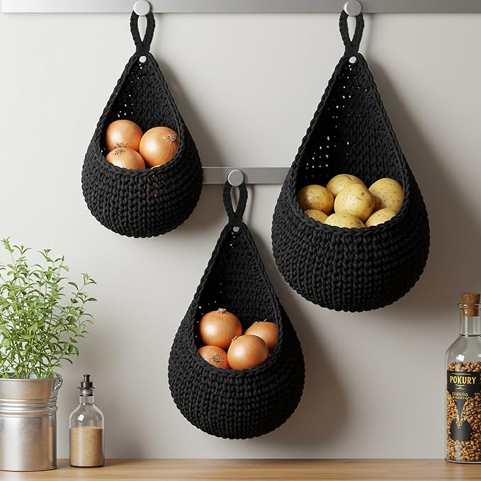 Honeydak Boho Decor Hanging Wall Baskets for Kitchen 3 Pack Teardrop Baskets with Hooks Storage Fruit Onion Vegetable Potato for Home 3 Sizes(Black,Teardrop,Cotton Rope) - Image 2