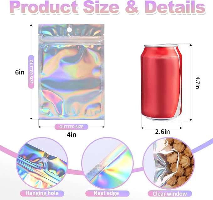4"X6"120Pcs Resealable Holographic Aluminum Stand Bag for Small Business&Personal, Reusable Smell Proof Mylar Bags with Clear Window Ziploc Foil Pouch for Packaging,Jewelry,Nail Art,Makeup,Candy,Snack - Image 2