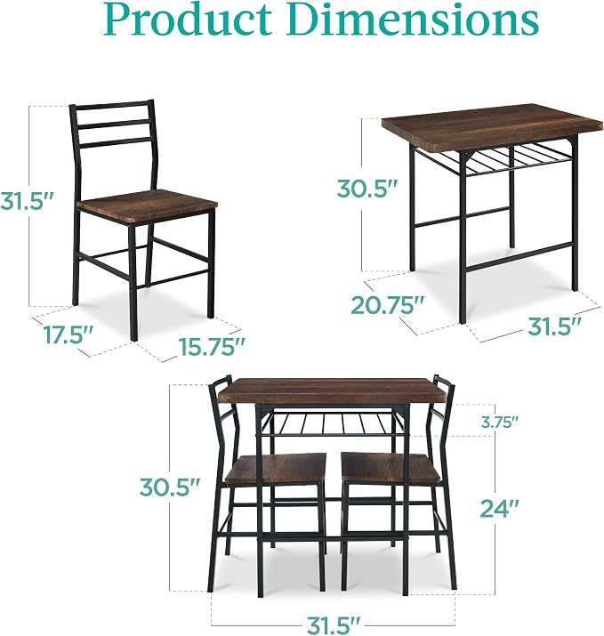 Best Choice Products 3-Piece Modern Dining Set, Space Saving Dinette for Kitchen, Dining Room, Small Space w/Steel Frame, Built-in Storage Rack - Dark Brown/Black - Image 2