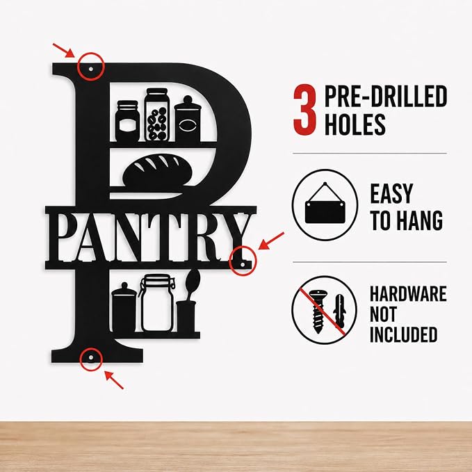 Pantry Metal Wall Decor, Farmhouse Kitchen Pantry Sign, 14 Inch | 14-inch matte black metal pantry sign with pre-drilled holes for farmhouse, rustic, modern, or industrial kitchen decor. - Image 6