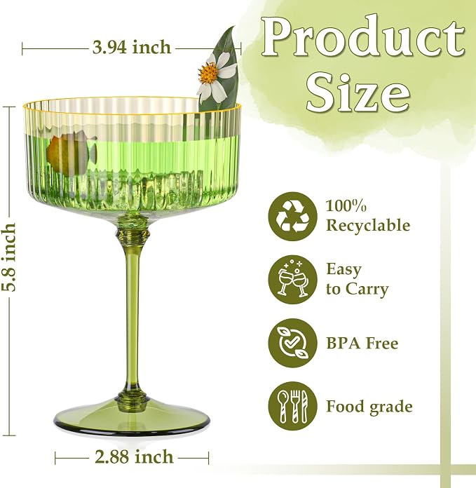 100 PCS Green Ribbed Martini Glasses Bulk 10oz Champagne Martini Glasses Plastic Gold Rim Espresso Martini Glass Margarita Glasses Vintage Coupe Glass Glassware Dessert Cup for Birthday Party Wedding - Image 2