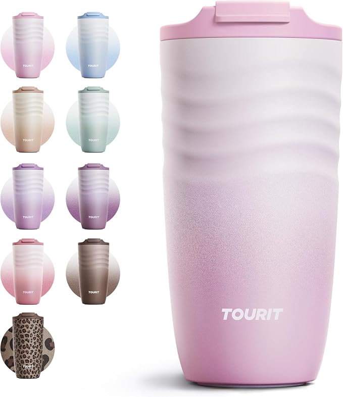 TOURIT 16 oz Travel Coffee Mug, Vacuum Insulated Stainless Steel Tumbler with Ripple-Wave Anti-Slip Grip, Built-in Silicone Bottom for Quiet & Stable, Leak-Proof Lid, Fits Car Cup Holder, Pink by TOURIT