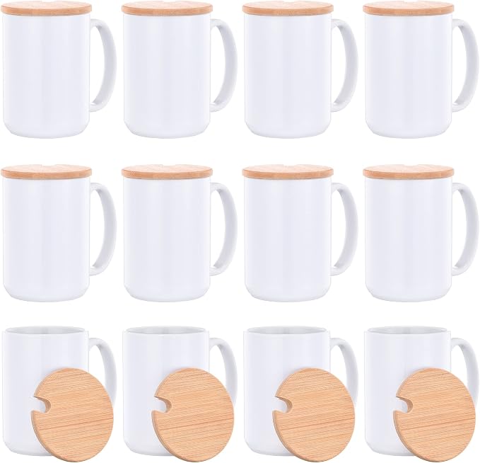 RAINBOWTIE Sublimation Mugs 15oz with Bamboo Lid, 12PCS Tazas Para Sublimar | Ceramic Coffee Cup set for gifts,Latte, Soup, Milk, Cocoa,juice, milk by Rainbowtie