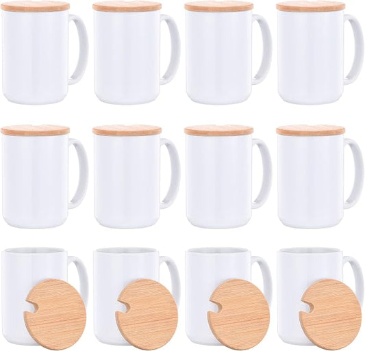 RAINBOWTIE Sublimation Mugs 15oz with Bamboo Lid, 12PCS Tazas Para Sublimar | Ceramic Coffee Cup set for gifts,Latte, Soup, Milk, Cocoa,juice, milk by Rainbowtie