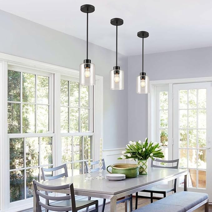 Black Pendant Lights Kitchen Island - Seeded Glass Pendant Light Fixture Multiple Stems Rods (3 Pack with Rod seeded Glass) - Image 3