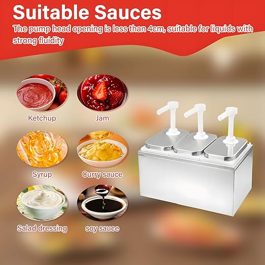 Sauce Dispenser Pump, 6L Stainless Steel Condiment Pump Dispenser, Condiment Pump Station with 3 Jars, Large Three Head Ketchup Dispenser