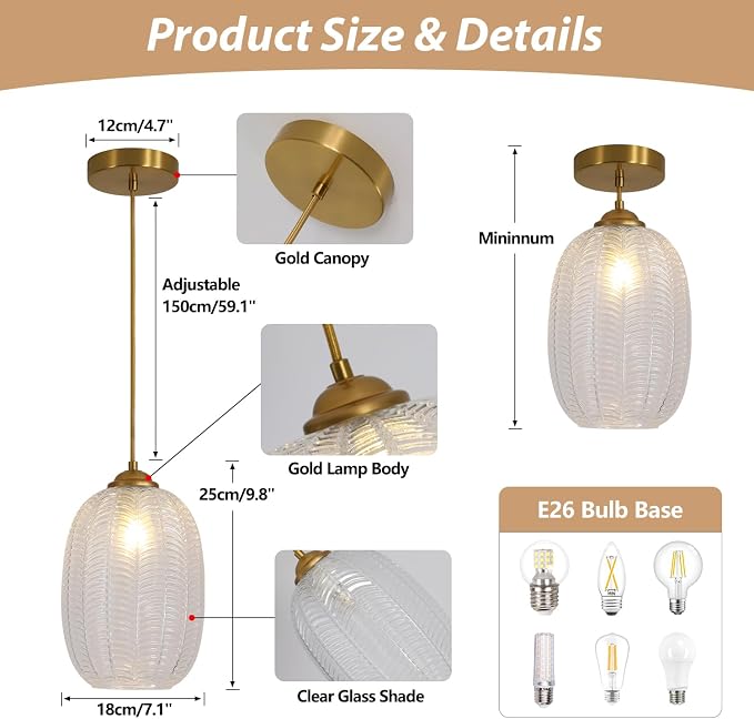 KCO Lighting Clear Glass Globe Pendant Light Ribbed Ceiling Light Brass Pendant Lights Kitchen Island Mid Century Modern Ceiling Hanging Light Gold Single Pendant Light - Image 2