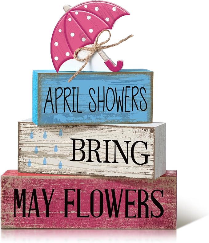 Moucuny 4 Pcs Spring Summer Decorations for Home Wooden Umbrella Tiered Tray Decorations Summer Centerpieces for Tables Farmhouse Decorative Umbrella Faux Stack Block Sign for Home Shelf Decor by Moucuny