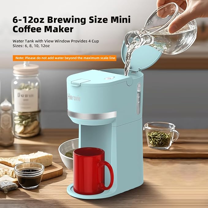 Horavie Mini Single Serve Coffee Maker for K-Cup Pod and Ground Coffee, Fast Brew One Cup Coffee Machine with Descaling Reminder and Water Window, 6 to 12 oz. Brew Sizes, Light Blue - Image 6