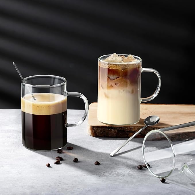 ecooe 16oz Borosilicate Glass Coffee Mugs Set of 4, Large Glass Mug Set with Handles & Spoon, Clear Glasses Coffee Cups for Hot/Cold Tea, Cappuccino, Latte, Juice, Drinking Glasses
