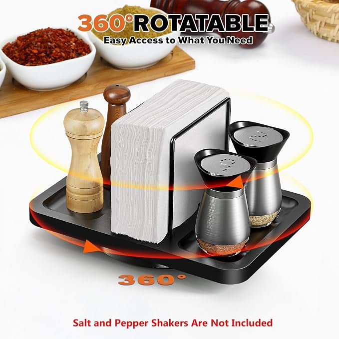 Rotating Napkin Holder for Table with Salt Pepper Shakers Caddy, Black | Bamboo Standing Napkin Dispenser, Metal Paper Napkin Storage for Bathroom Home Kitchen Farmhouse Decor Not Including Shakers - Image 2