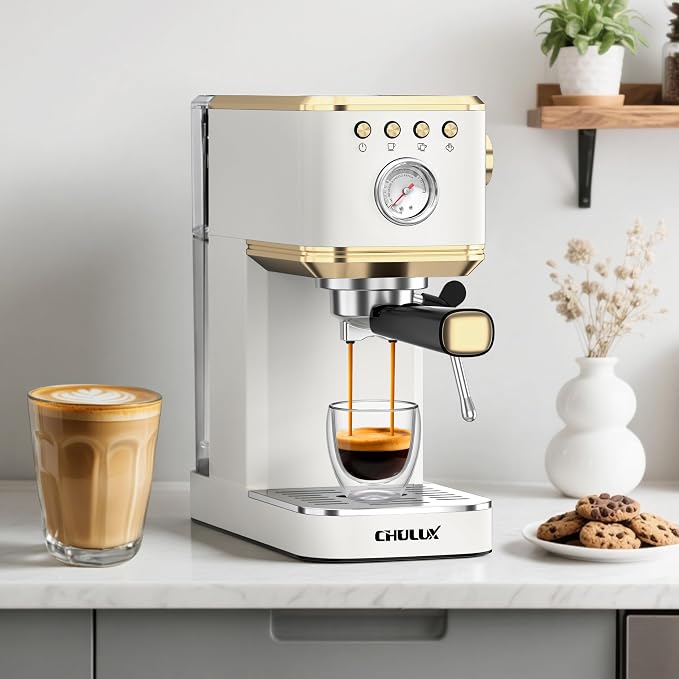 CHULUX Slim Espresso Machine with Milk Frother for Home Latte, White & Gold | Precise Pressure Gauge, Food-Grade Materials, 20 Bar Italian Pump, Professional Temperature Control System, Stainless Steel - Image 5