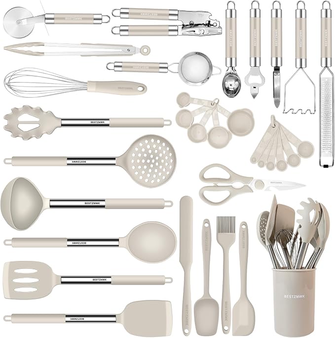 Kitchen Utensils Set-Silicone Cooking Utensils-33pcs Non-Stick Silicone Cooking Kitchen Utensils Spatula Set with Holder-Best Kitchen Cookware with Stainless Steel Handle (Khaki) by BESTZMWK