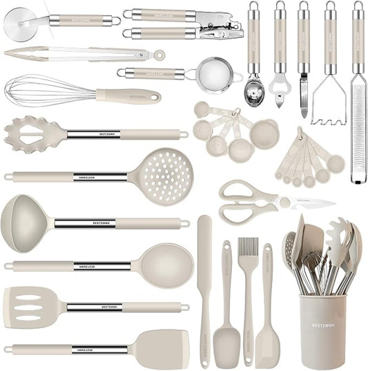 Kitchen Utensils Set-Silicone Cooking Utensils-33pcs Non-Stick Silicone Cooking Kitchen Utensils Spatula Set with Holder-Best Kitchen Cookware with Stainless Steel Handle (Khaki) by BESTZMWK
