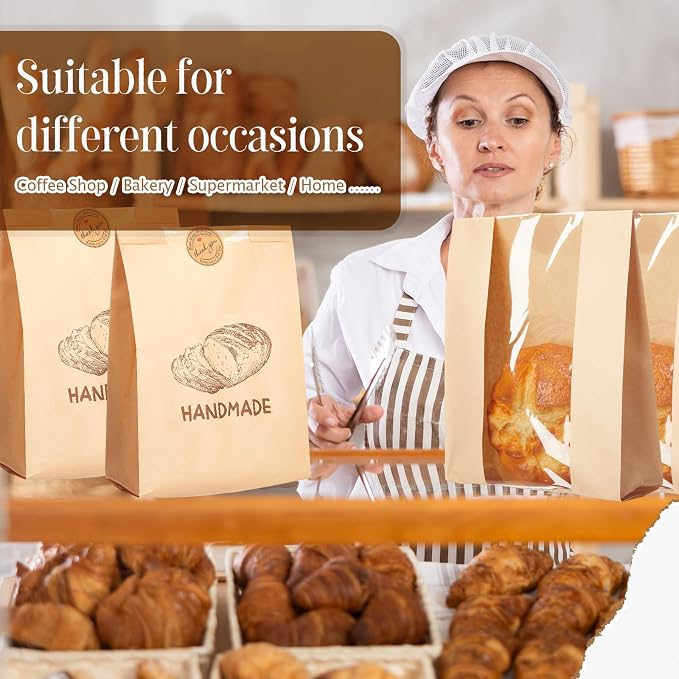 Feifeiya 100 Pack Kraft Paper Bread Bags for Homemade Sourdough Bread with Window & Stickers, 13.7x8.3" Large Bakery Bags for Loaves Greaseproof Food Packaging for Baking Gifts, Brown(Novel Style) - Image 4