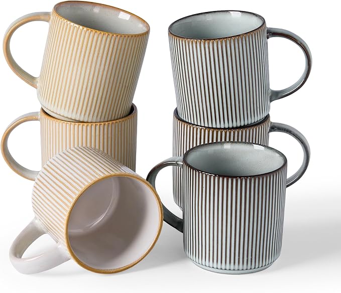 famiware Coffee Mug Set for 6, Star 12 oz Catering Mugs Cup Set with Handle for Coffee, Tea, Cocoa, Milk - Ceramic Stoneware Drinkware Set, Cappuccino White+Smoky Blue by Famiware