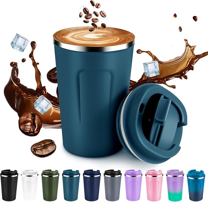 Volhoply 12 oz Double Wall Insulated Vacuum Travel Coffee Mug with Flip Lid,Reusable Stainless Steel Leak Proof Coffee Cup,Portable Iced Cafe Thermal Tumbler Suitable for Hot & Cold Drinks(Bule,1 Set) by LiveFully%EF%BC%8CDrinkFreely%E2%80%94KeepGoingwithVolhoply%EF%BC%81