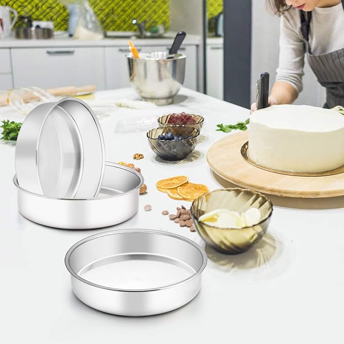 TeamFar 8 Inch Cake Pan, 3 Pcs Round Cake Pan Tier Cake Pan Set | Stainless Steel, for Baking Steaming Serving, Healthy & Heavy Duty, Mirror Finish & Easy Clean, Dishwasher Safe - Image 4
