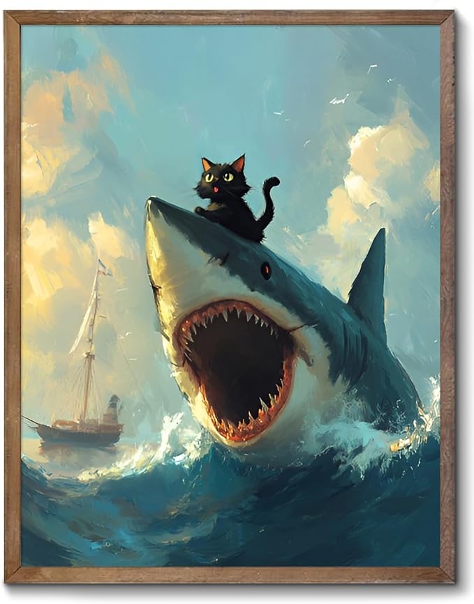 XOCUUI Cat Riding Shark Canvas Funny Cat Canvas Animal Decor Funny Shark Picture Coastal Theme Artwork Animal Prints Abstract Fish Picture Black cat Painting For Lover 8x10 - Unframed by XOCUUI