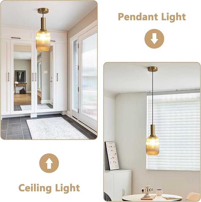 KCO Modern Brushed Gold Mini 5.1” Cylinder Amber Ribbed Glass Pendant Light | E26 Bulb Hardwired, Adjustable Cord Mid Century Vintage Brass Hanging Ceiling Lamp for Sloped Ceiling Kitchen Dining Room Bar - Image 3