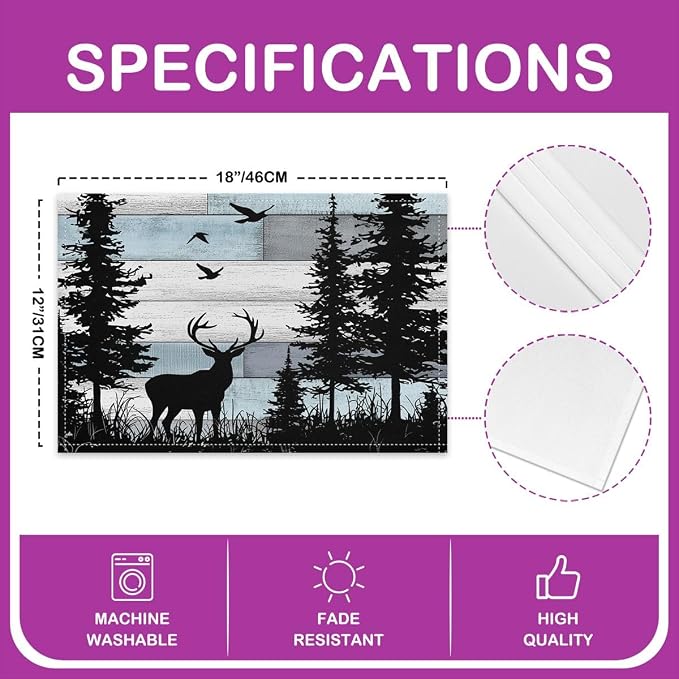Feelyou Rustic Deer Placemats Set of 4 Western Farmhouse Table Mats for Party Kitchen Dining Decoration Cabin Country Lodge Down Place Mat for Table Holiday Decor Indoor Outdoor 18"x12" Non-Slip - Image 4
