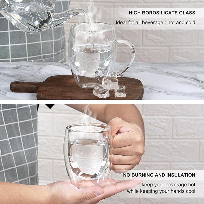 FrutPunch Double Walled Glass Coffee Mugs Set of 2,12 oz Glass Coffee Cups | Clear Borosilicate Glass Mugs with Handles, Suitable for Cappuccinos, Lattes, and Other Hot Beverages - Image 4