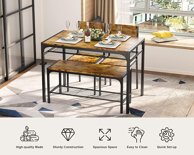 Gizoon 4-Piece Dining Table Set for 4, Kitchen Table with Bench Rustic | Space-saving rustic 4-piece dinette set with metal storage rack. Includes 2 ergonomic chairs and 1 bench. Easy to clean. - Image 6