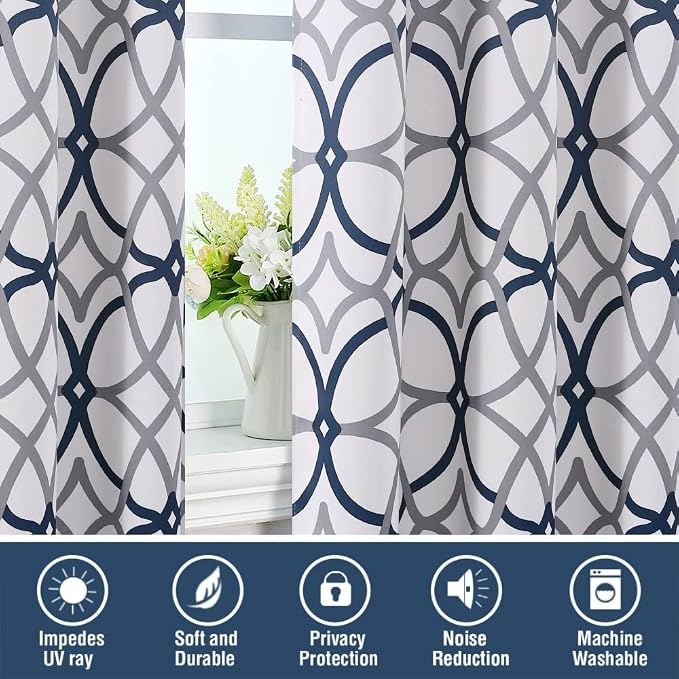 H.VERSAILTEX Blackout Curtains Printed Design 96 Inch Length 2 Panels Set Thermal Insulated Curtains for Bedroom for Living Room Modern Grommet Window Drapes - Dark Denim and Grey - Image 6
