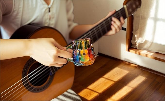 3D Guitar Art Glass Coffee Mug 12 oz – Colorful Handcrafted Cup for Coffee, Tea, Milk – Music Lover Gift – Artistic Glass Mug for Men & Women – Unique Home Décor