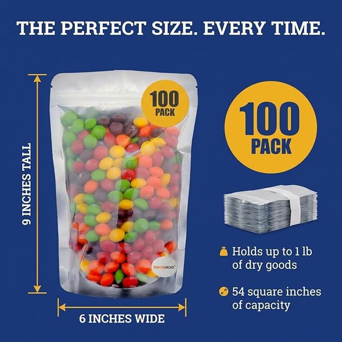 Stand Up Pouch Bags, 6" x 9", Heavy Duty, 100 Pack, Clear Front with Aluminum Foil Back - Resealable Ziplock and Heat Sealable for Food Storage - Image 5