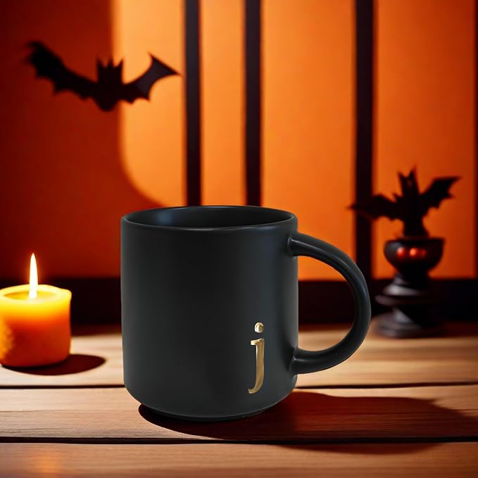 COLLECTIVE HOME Black Ceramic Coffee Mug, 15 oz Golden Monogram Tea Cup (j) | Personalized Halloween Mug with Gift Box, Dishwasher Safe, Birthday Present, Christmas Thanksgiving Mothers Day Gifts - Image 7