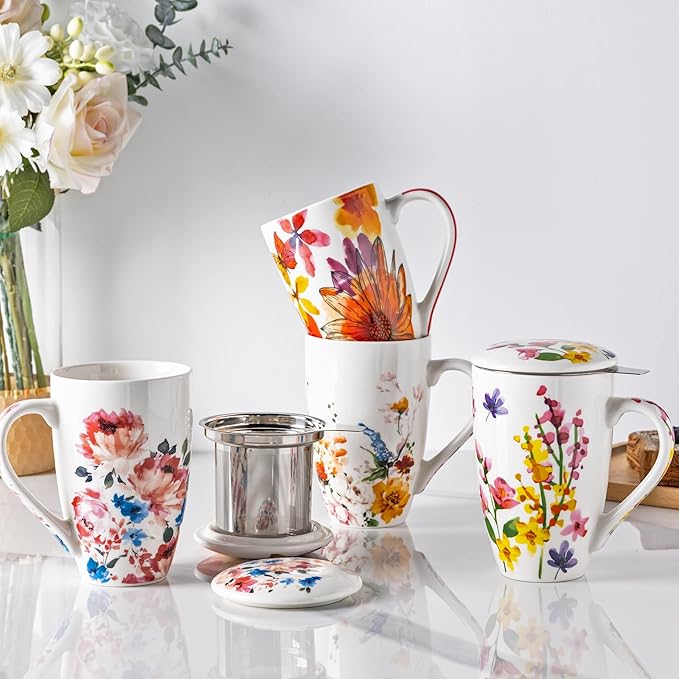 GBHOME Tea Mug with Infuser and Lid, 18 Ounce Large Ceramic Loose Leaf Cup, Microwave, Dishwasher Safe, Perfect for Tea Lovers