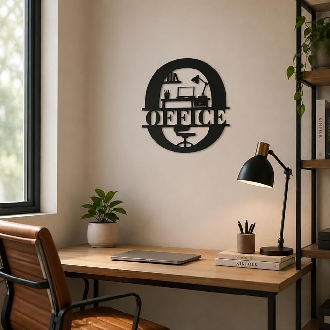 Office Metal Wall Decor, Modern Home Office Sign, 14 Inch | 14-inch matte black metal office sign with pre-drilled holes for home offices, workspaces, studios, and professional decor. - Image 3