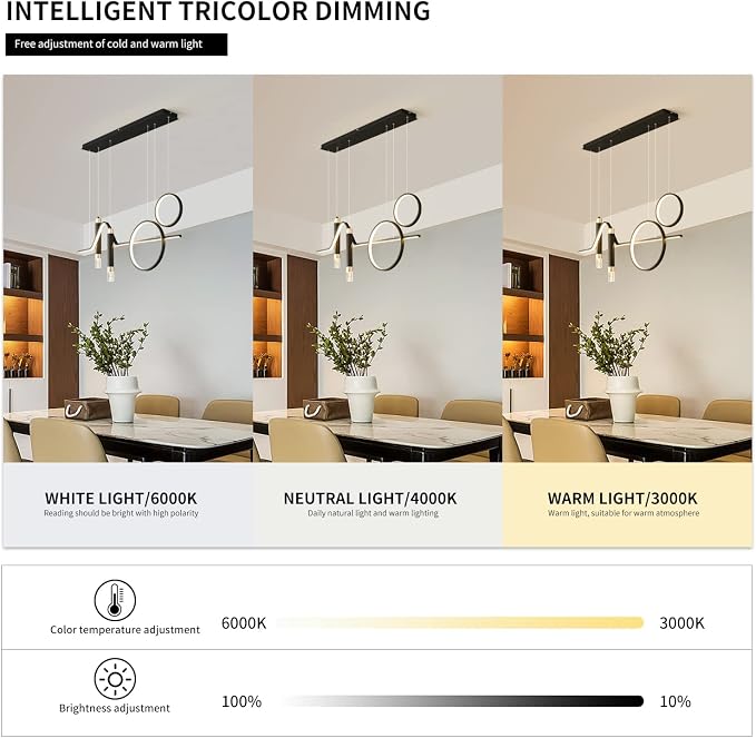 Siittoo 37" Modern LED Pendant Light, Dimmable Linear Chandelier Black | 45W LED with Remote, 3000K-6000K, Adjustable Hanging Light for Kitchen Island, Dining Room & Living Room - Image 3
