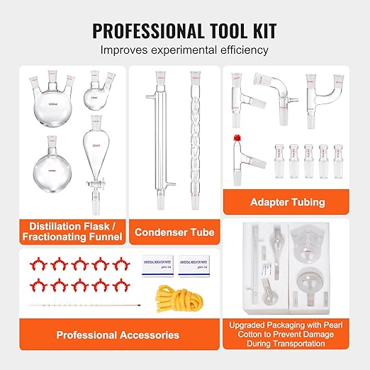 VEVOR Lab Distillation Kit, 3.3 Boro Lab Glassware Distillation Kit with 24, 40 Joint, 1000ml Essential Oil Distillation Apparatus Kit, 29 pcs Set of Glassware Equipment - Image 5