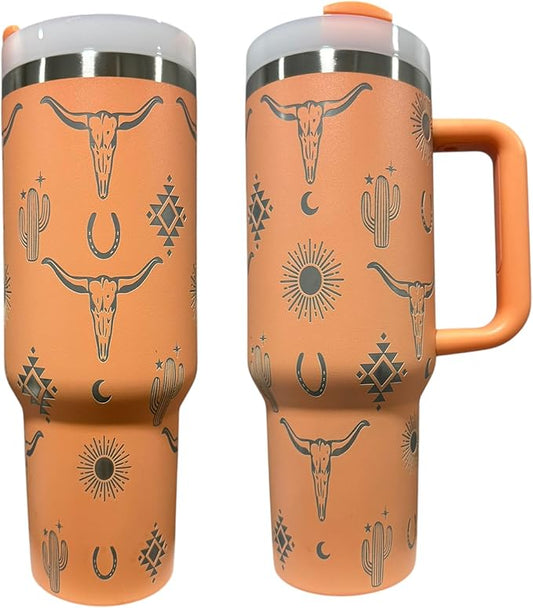Tumbler, 40oz Tumbler, Western Tumbler, Engraved Cup with Handle, Cute Coffee Mug, 40oz Coffee Mug (Orange(15)-Longhorn(D35))