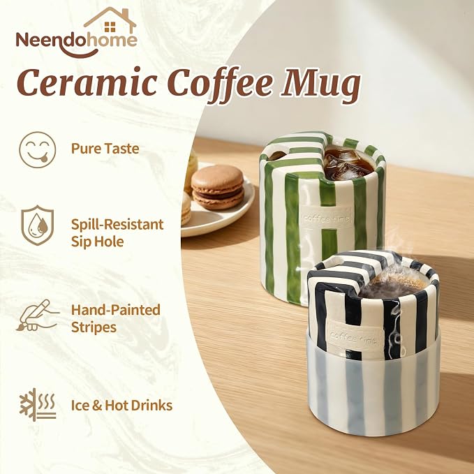 2-Pack 10 oz Ceramic Coffee Mug with Sip Hole & Silicone Sleeve | Cute Hand-Painted Striped Porcelain, Gift for Coffee Lover, Cold & Hot Drinks, Microwave & Dishwasher Safe, Green, Black - Image 2