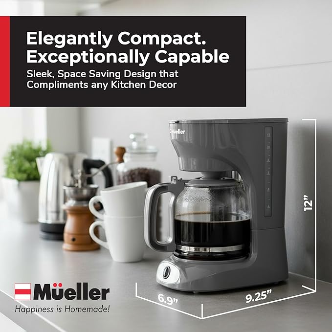 MUELLER HOME 12-Cup Drip Coffee Maker, Gray | Borosilicate Carafe, Auto-Off, Reusable Filter, Anti-Drip, Keep-Warm Function - Image 7